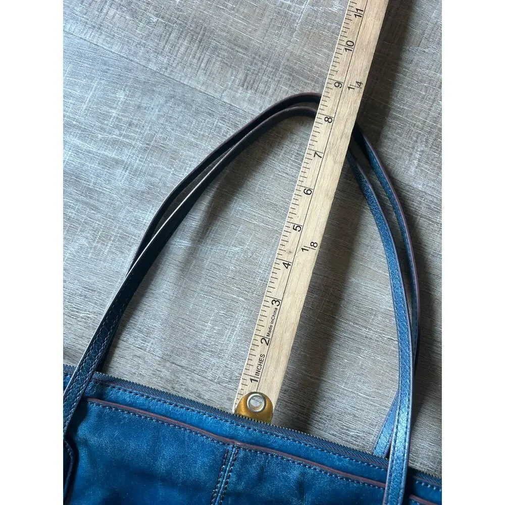HOBO Leather Shoulder Tote Bag Blue Teal Zip Top Floral Lining Medium + Dust Bag